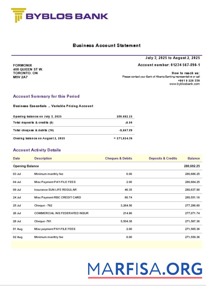 Downloadable Byblos business bank statement Word and PDF format (1) sample